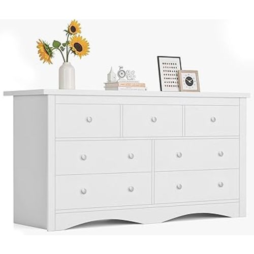 Furmax Dresser for Bedroom, 7 Wood Dresser, Chest of Drawers, for TV up to 65 inch, TV Stand Storage Chest of Drawers for Hallway Entryway (White)