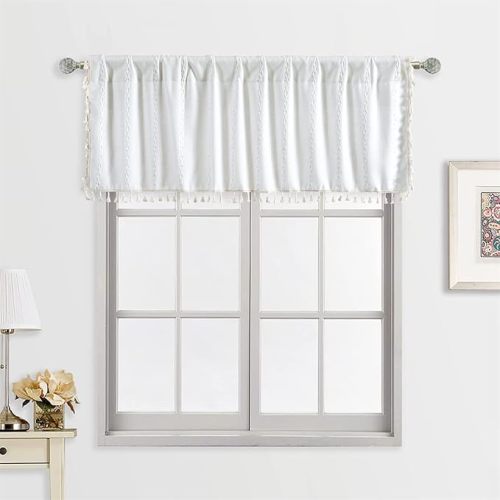 RoomTalks White Boho Farmhouse Curtains for Bedroom Living Room 84 Inch Length French Country Cute Polyester Window Curtain Panels Embroidery Striped Bohemian Chic Tassel Draperies, 84’’L x 52’’W