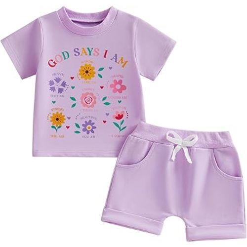 Baby Girl Letter T-shirt Cotton Shorts 2PCS Clothes Set God Says I am Floral Tee Tops Infant Toddler Summer Outfit