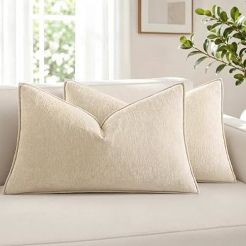 MIULEE Chenille Lumbar Throw Pillow Covers for Bed 12x20 Natural Beige