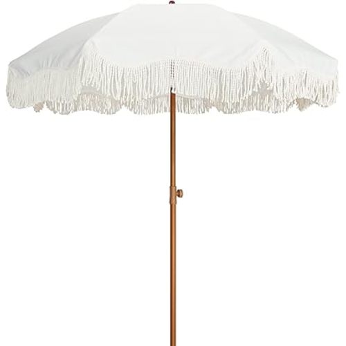 AMMSUN Boho Fringe Umbrella Outdoor Patio, 6.5ft UPF50+ Picnic Umbrella with Tassels with Steel Pole and Push Button Tilt, Antique White