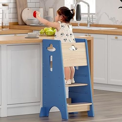 COSYLAND Toddler Standing Tower Adjustable Height - Super Stable Kids Kitchen Stool Helper with Protive Panel - 3 Levels Adjustable Wooden Toddler Kitchen Stool (Natural & Navy Blue)