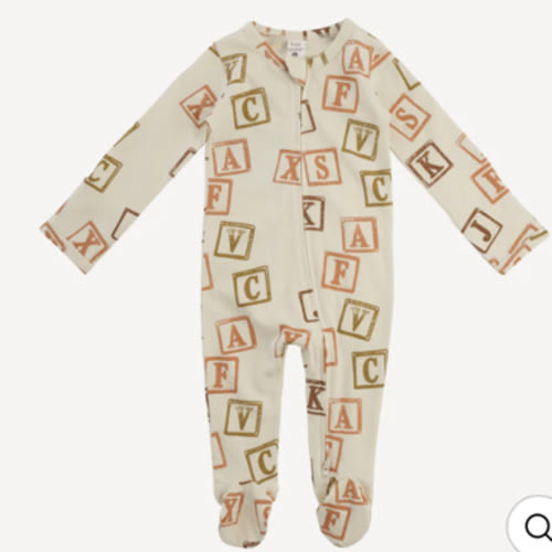 long sleeve two way zipper footie | neutral alphabet blocks | organic cotton jersey