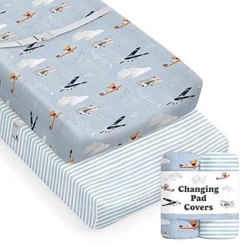 Baby Changing Pad Cover 2-Pack for Boys, Girls (Watercolor Airplanes and Clouds) - Premium Fitted Sheets Baby Diaper Changing Table Cover - Buttery Soft Cotton Blend