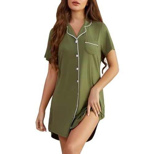Pjmlifecoco Nightgown for Women Button Down Sleepshirt Short/Long Sleeve Nightdress Soft Modal Sleepwear S-XXL