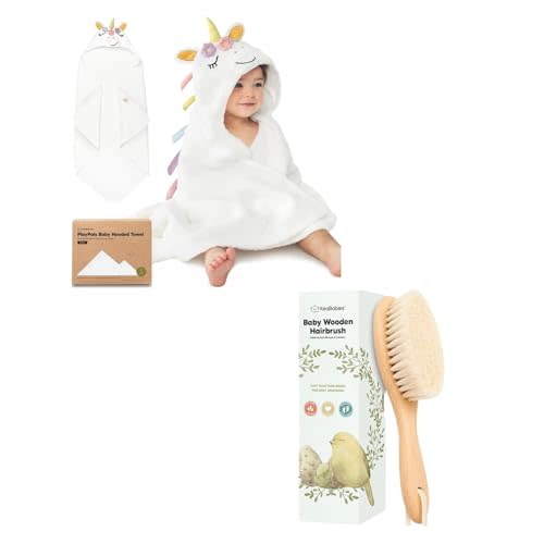 KeaBabies Baby Towel with Hood for Girls, Boys and Baby Hair Brush - Soft, Absorbent, 100% Cotton Hooded Baby Towels for Newborns - Baby Brush with Soft Goat Bristles