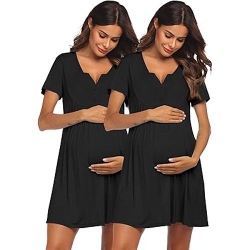 Ekouaer 2 Pack Labor/Delivery/Hospital Gown Nursing Dress Maternity Nightgown Short Sleeve Breastfeeding Sleepwear