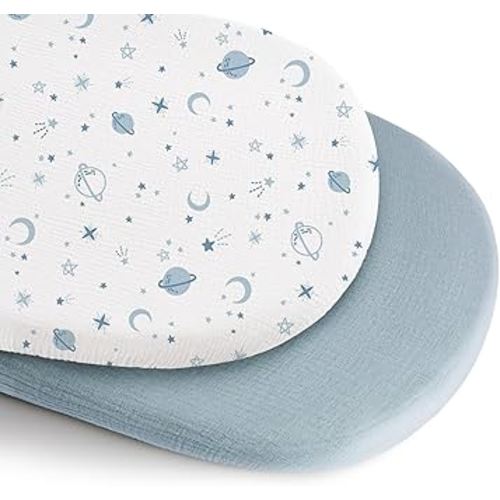 Konssy 2 Pack Muslin Bassinet Sheets for Boys, Girls, 100% Cotton Soft Breathable Fitted Bassinet Mattress Sheet, 32 x 16 inches (Star,Blue)