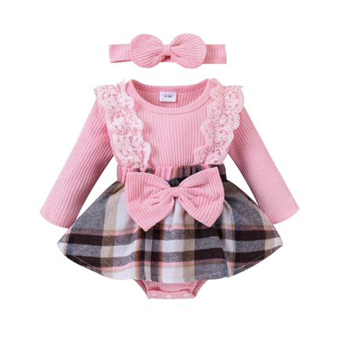 KAFIREN Baby Girl Clothes Fall Winter Outfit Plaid Romper Long Sleeve Dress Lace Ruffles Bodysuit with Bow Headband