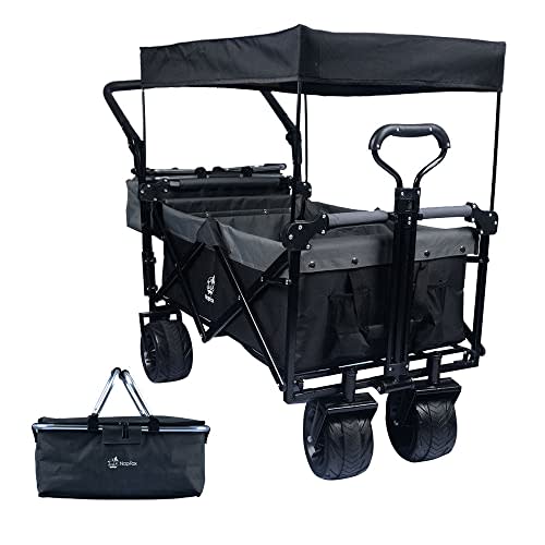 Collapsible Wagon Heavy Duty Folding Wagon Cart with Removable Canopy, 4" Wide Large All Terrain Wheels, Brake, Adjustable Handles,Cooler Bag Utility Carts for Outdoor Beach Cart Garden Wagons Carts