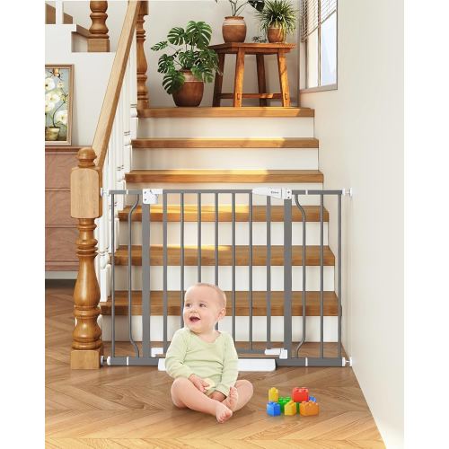 29"-40" Baby Gate for Stairs, Auto Close Stroller Friendly Dog Gate Indoor for Doorways, Pressure Mounted Baby Gate, Easy Walk Through Gate for Children & Pets, Grey