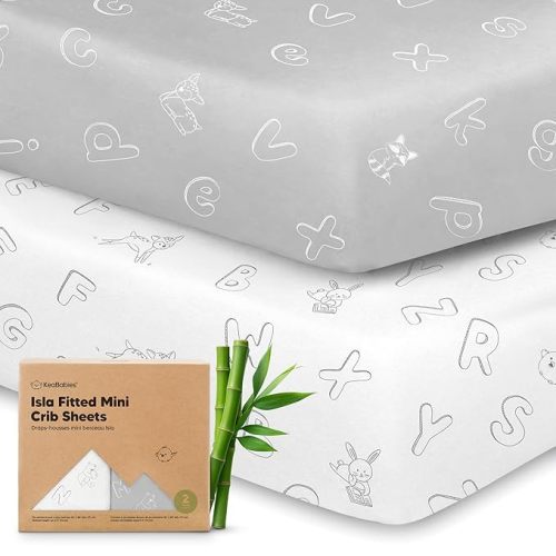 Pack and Play Sheets Fitted - 2-Pack Mini Crib Sheets for Pack N Play Mattress 38x26, Soft & Cozy, Neutral Toddler Playard Bedding, Snug Fitted Mini Baby Crib Mattress Cover Boy, Girl (ABC Land)