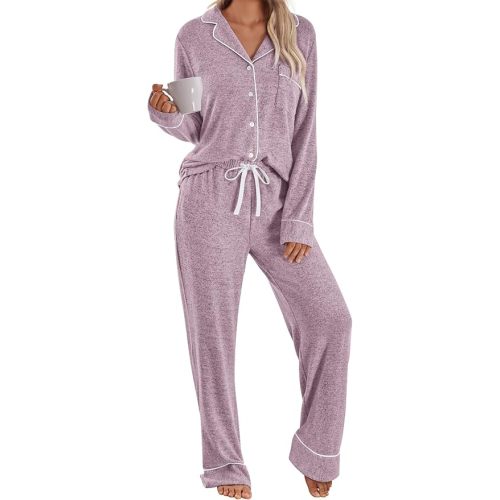 LILLUSORY Women's Long Sleeve Pajama Set - Soft Button-Down Top & Comfortable Drawstring Pants with Pockets