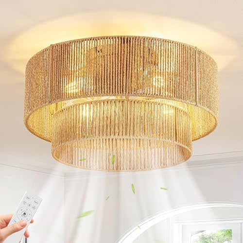 Boho Caged Ceiling Fan with Light Flush Mount, Handwoven Layered Rattan Fandelier with Remote Control & 6-Speed Reversible, Gold Low Profile Chandelier for Bedroom, Living Room, Girls Room, Nursery