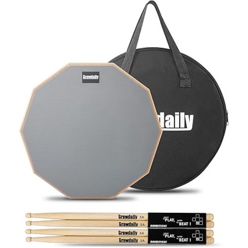 Drum Practice Pad for drumming drum pad and sticks 12 In,Sided With 2 Pairs/4 Maple 5A Drum Sticks & Storage Bag(Gray)