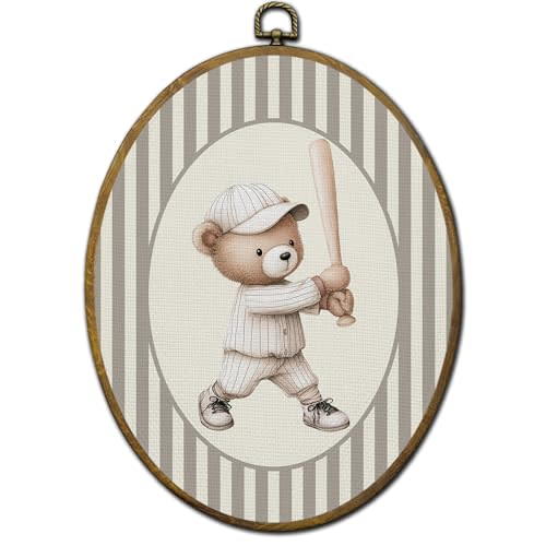 QZQE Baseball Bear Nursery Oval Wall Art Decor Framed, Sports Oval Canvas Prints, Baseball Player Bear Neutral Striped Wall Hanging Decor for Kids Boys Toddler Room Bedroom Playroom, 8.6x11.4 Inch