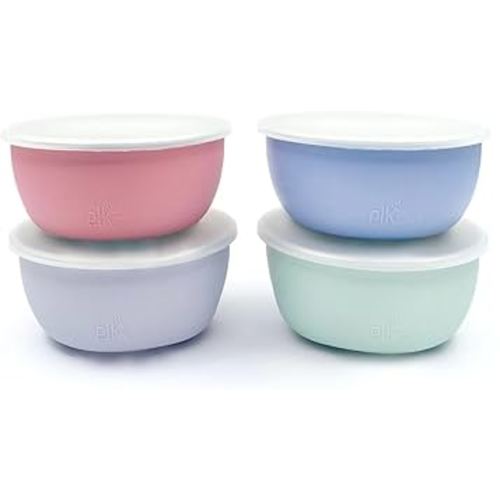 Elk and Friends Stainless Steel Bowls + Silicone Sleeve and Storage Lid | Baby, Toddler, Kids | Cereal & Snack Bowls | Storage Containers | Dishwasher Safe | 4 Pack