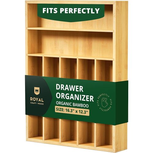 ROYAL CRAFT WOOD Luxury Bamboo Utensil Rack and Silverware Organizer, Kitchen Drawer Organizer - Utensil Holder and Cutlery Tray with Grooved Drawer Dividers for Flatware 7 Slot, Natural