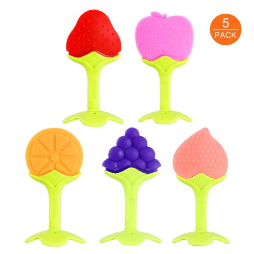Furrygo Baby Teething Toys,5 Pack Silicone Fruit Teethers, Freezer Safe BPA Free, Soothe Babies Gums Set for Infant and Toddler