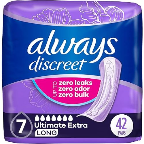 Always Discreet Adult Incontinence Pads for Women, Ultimate Extra Absorbency, Long Length, Postpartum Pads, 42 Count