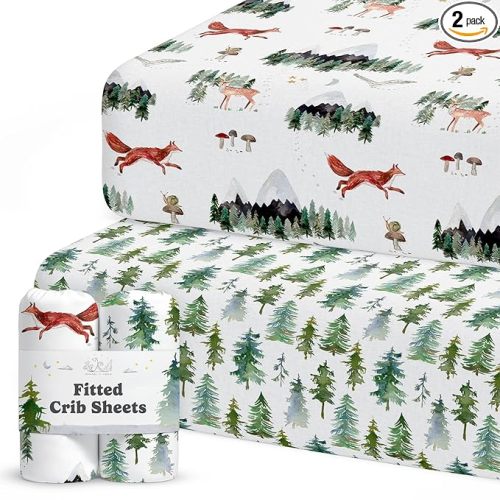 Crib Sheets Neutral - Fitted Baby Crib Sheets Bed for Girl Boy - 2 Pack Standard & Toddler Mattress (Woodland Forest Animals) - Buttery Soft Organic Cotton Blend