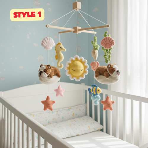 Crochet Bulldog Puppy Baby Mobile Handmade Dog Crib Toy Amigurumi Nursery Decor Gift