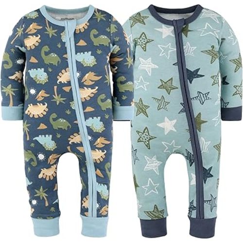 The Peanutshell 2-Pack Sleep and Play Baby Boy Clothes, Soft Cotton Footless Pajamas, Dino Star