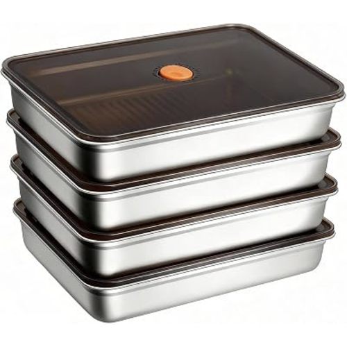 Stainless Steel Food Containers, 4 Piece Set Meal Prep Containers with Lids, Stackable Stainless Steel Freezer Containers, Bacon Cheese Food Storage Containers with Airtight Vacuum Seal, 95oz