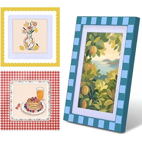 Lineshading 3 Pcs Colorful Checkered Picture Frames Set Wood Gingham Stripe Photo Frames 5 x 7, 4 x 4 inch Retro Cute Cottagecore Illustration Decor for Home Tabletop and Wall Hanging Decoration Gift