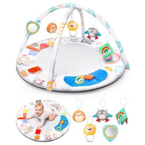 Montessori Baby Play Gym & Activity Mat for Brain Development (0-12Mo) | 5-Sensory Zones + 5 Toys |Portability Tummy Time Activity Mat Stage-Based for Newborn Brain Development Essential & Gift-Ready