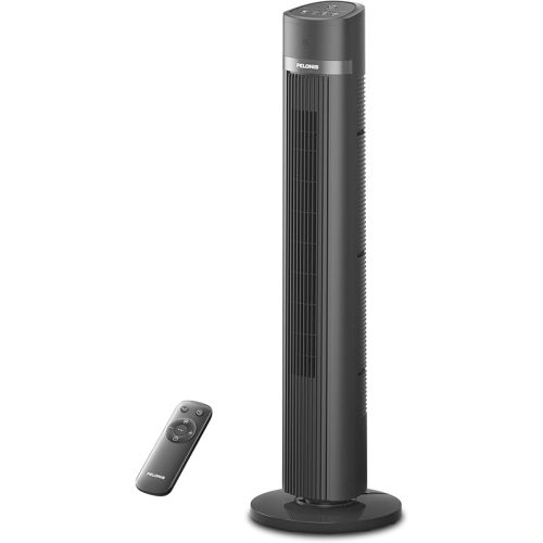 PELONIS 40 inch Bladeless Tower Fan for Bedroom, Standing Fan with Remote Control, 26ft/s, 90° Oscillation, 3 Speed Settings, 27 Db, 3 Modes, 15-Hour Timer, LED Display, Fan that Blows Cold Air, Grey