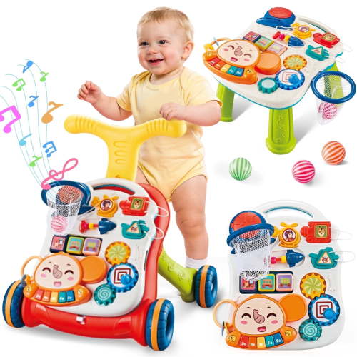 AuntyFey 3-IN-1 Baby Push Walker with Activity Center, Baby Walking Toy for 1 Year old Learning to Walk, Sit to Stand Baby Walker for Toddlers, Red