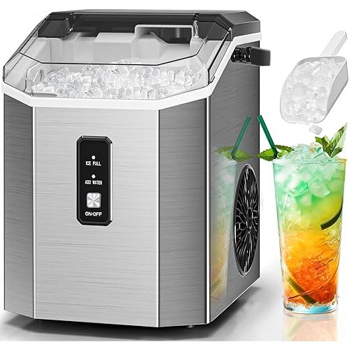 Antarctic Star Nugget Ice Makers Countertop with Self-Cleaning, 35lbs/24H, Portable Sonic Ice Maker Machine with Handle/Basket/Scoop for Home, Kitchen, Office, Camping(Stainless Steel Silver)