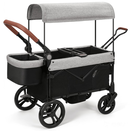 COFUNOK Stroller Wagon for 2 Kids, All-Terrain Foldable Kids Wagon Stroller with Removable Canopy, Mosquito Net, Snack Tray, Cup Holders & Storage Basket-Grey