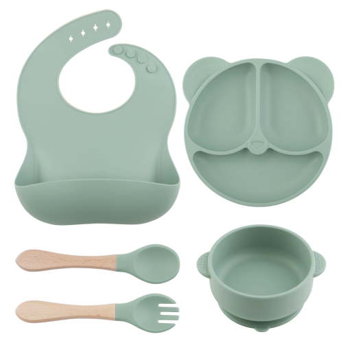 Silicone Baby Feeding Set, Food Grade Silicone Suction Bowl, Divided Suction Plates, Bib, Spoons Set, Toddlers Self Feeding Supplies Set