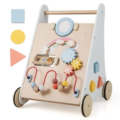 Wooden Baby Push and Pull Sit-to-Stand Learning Walker with Mirror Shape Sorter for 1+ Year Old