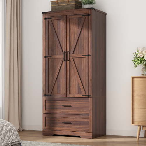 ChVans 70" Farmhouse 2 Door Armoire Wardrobe With 2 Drawers, Hanging Rod And 2 Adjustable Shelves For Bedroom, Brown