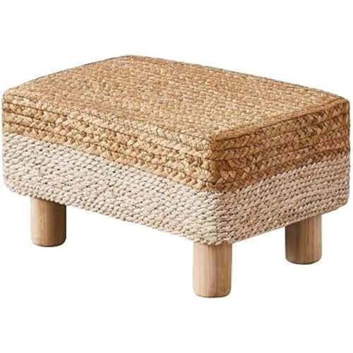 Wimarsbon Natural Seagrass Footstool Ottoman Rectangular Footrest Pouf Ottomans with Wooden Legs Hand Weave Step Stool for Living Room Bedroom Entryway White