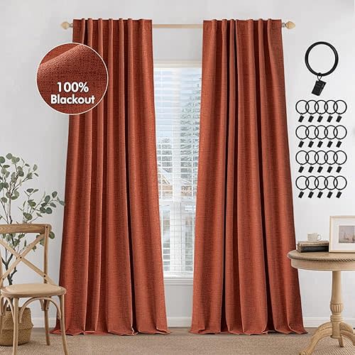 MIULEE 100% Blackout Fall Linen Curtains & Drapes W52 x L84 Inch Terracotta