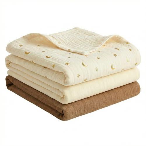 Muslin Swaddle Blankets for Boys Girls, 3 Pack Receiving Baby Blanket Large 47 x 47 inches, Soft Breathable Swaddling Wrap for Unisex Newborn (Star, Beige, Brown)