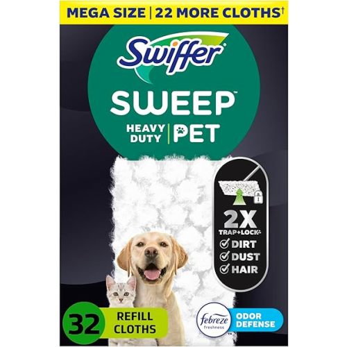 Sweep + Mop, Dry Pads Refill, Floor Cleaner for Dirt, Dust, Hair, Cleaning Cloths for Mopping Home, Bathroom, Kitchen, All Purpose Multi-Surface Floor Wipes, Heavy Duty, Pet, 32 Count