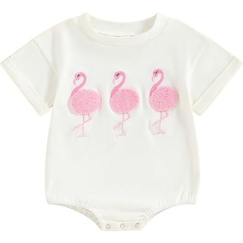 Infant Baby Girl Summer Outfits Flamingo Embroidery Short Sleeve Romper Sweatshirt Newborn Girl One Piece Outfits