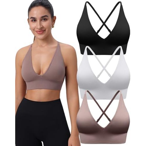Women's V Neck Sports Bras, Adjustable Seamless Wireless Padded Bralettes