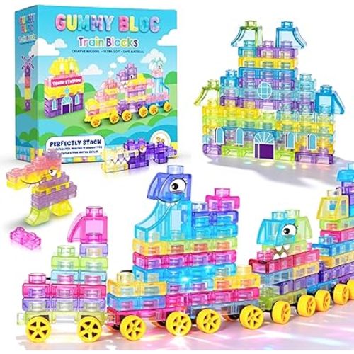 Soft Train Building Blocks with Wheels, 42 PCS Montessori Sensory Stacking Blocks, Toddler Learning Toy with Station, Squeezable, Stretchable & Stackable Tactile Toys, Preschool Creative Play for Kids