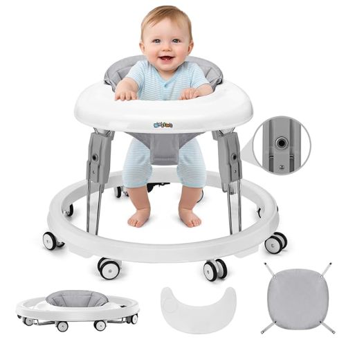 Baby Walker with Wheels, One-Touch Folding Portable Baby Walkers with Height Adjustment, Large Dinner Plate and Brake, Walker for Baby Boy Girls 6-18 Months, Gray