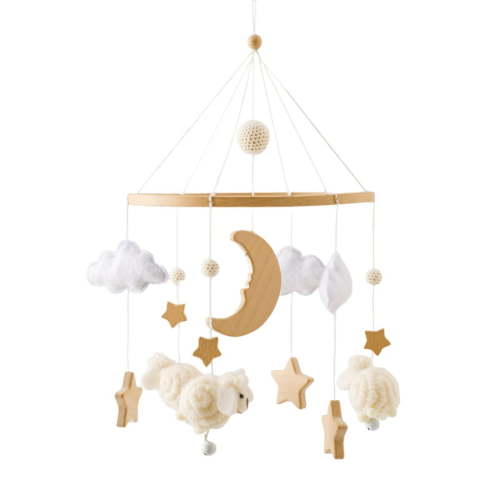 Baby Wooden Bed Bell Sheep Starry Moon Mobile Hanging Rattles Toys Hanger Crib Mobile Bed Bell Toys Holder Arm Bracket Kid Gifts