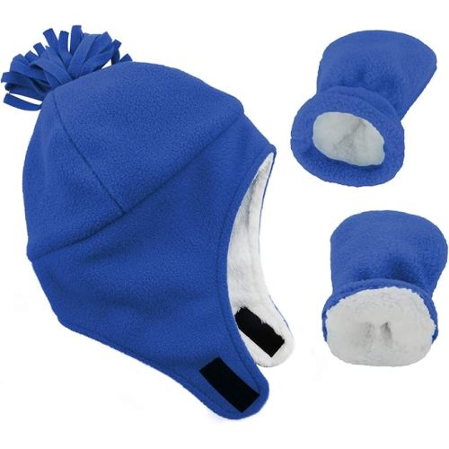 Zando Navy & Blue Baby Winter Hat and Mitten Set - Cute Fleece Sherpa Infant Hats, Warm Toddler Beanie with Ear Flaps, Toddler Aviator Caps, Baby Winter Essentials for Outdoor Home Wear 3-12 Months