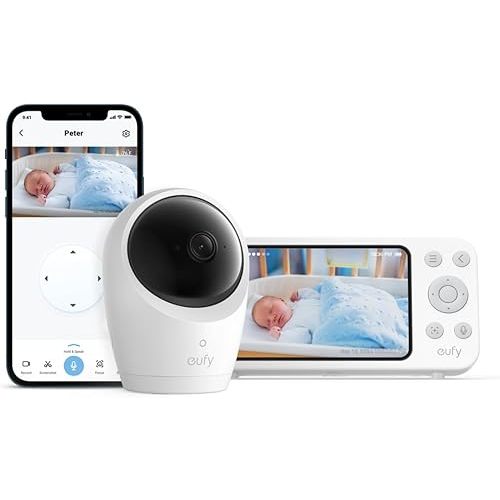 eufy Security Baby Monitor E20 with 2K HD Camera, 5'' 720p Display, Hybrid Wi-Fi & No Wi-Fi Connection, Pan-Tilt, 4X Zoom, Portable Camera with Built-in Battery, 24/7 Recording in App, ANR