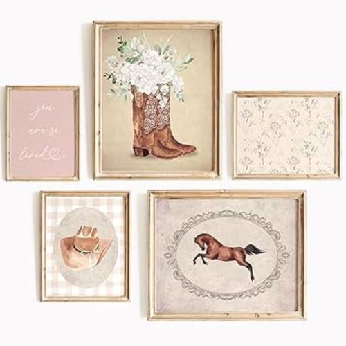 Cowgirl Nursery Wall Art Coquette Western Girl Poster Vintage Horse Floral Canvas Pictures Aesthetic Pink Preppy Room Wall Decor Rustic Cowgirl Prints for Girls Bedroom 8x10x5 Inch Unframed
