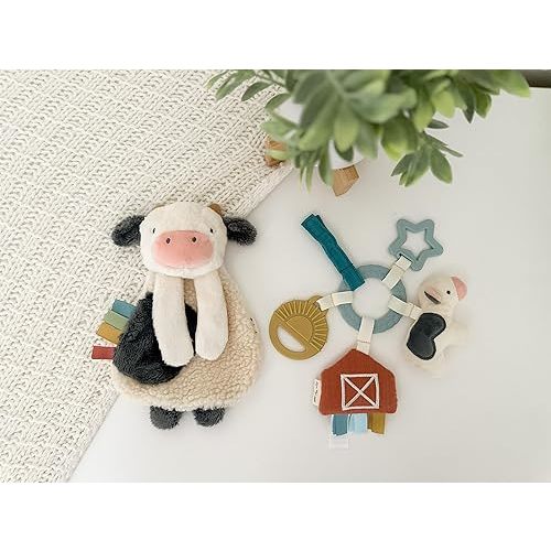 Itzy Ritzy Farm Toy Gift Set - Includes Cow Lovey & Farm-Themed Busy Ring Car Seat and Stroller Toy - Features Crinkle Sounds, Engaging Textures & Silicone Teething Relief (Farm)